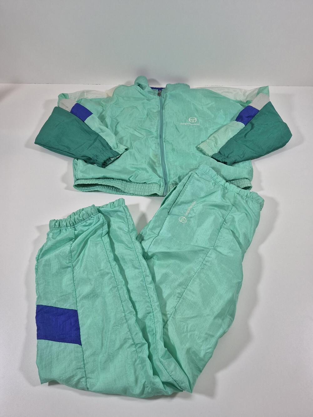 Vintage Sergio Tacchini Tracksuit Mens L Green Nylon 2 Piece Colorblock FLAW